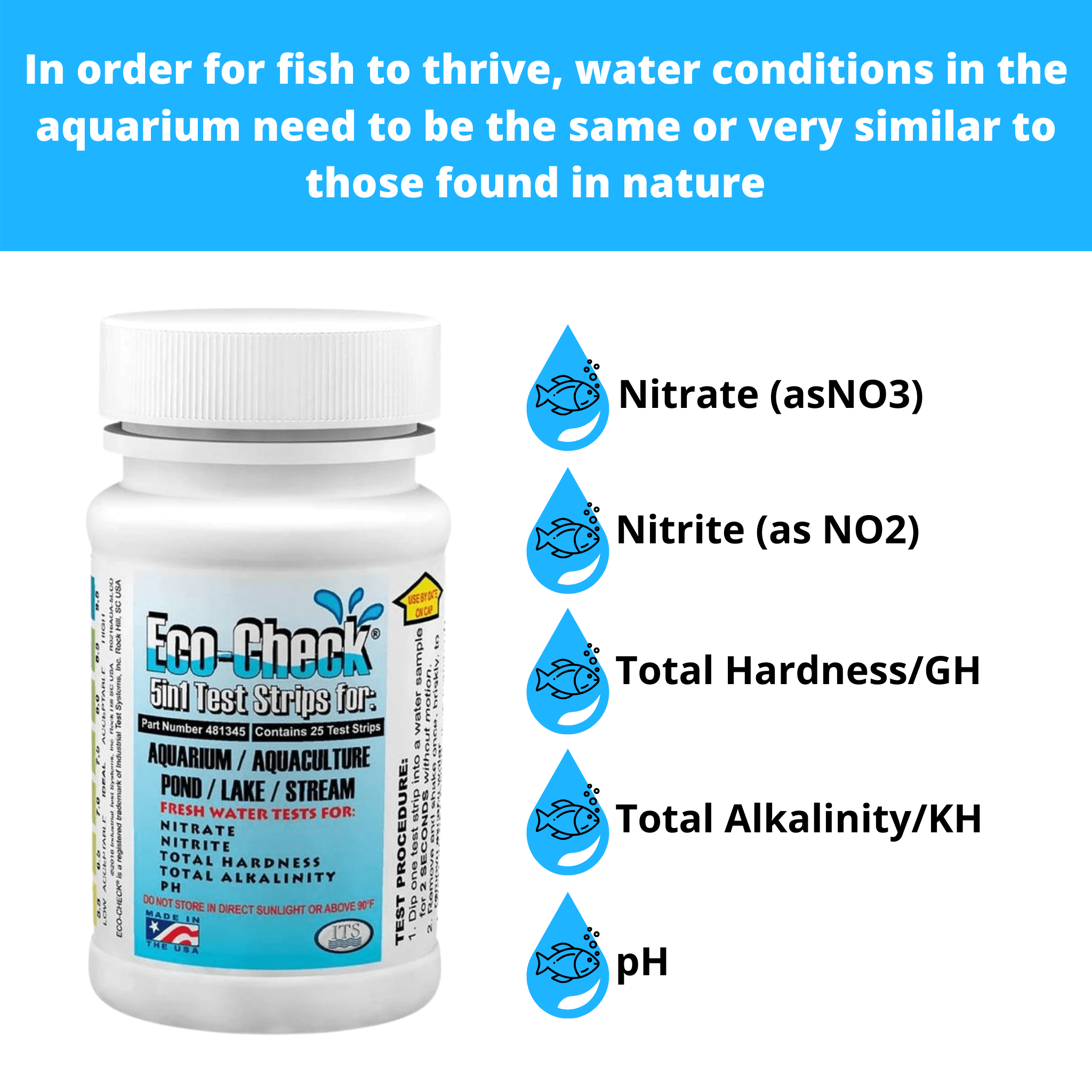 Eco-Check® 5 in1 Aquarium, Pond, Fresh Water Test Strips. (Total Alkalinity/KH, Total Hardness/GH, pH, Nitrates and Nitrites) - Nano Clean Water Testing (Europe)